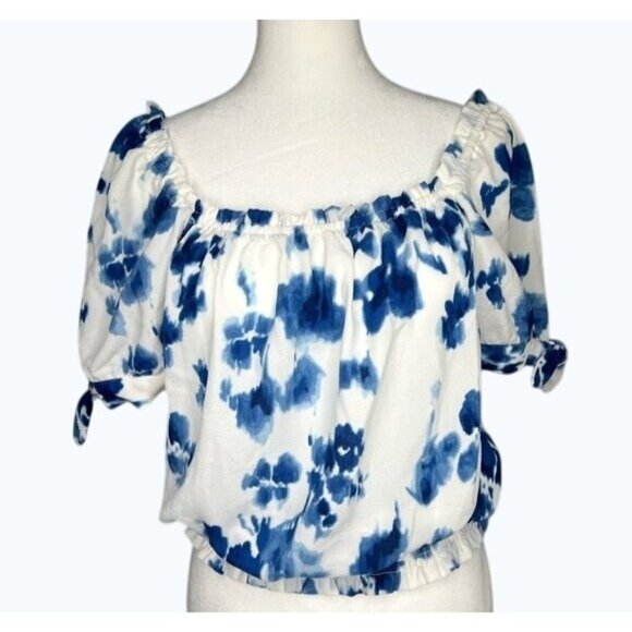 Michael Michael Kors Blue & White Floral Off-Shoulder Blouse Medium - Picture 1 of 11